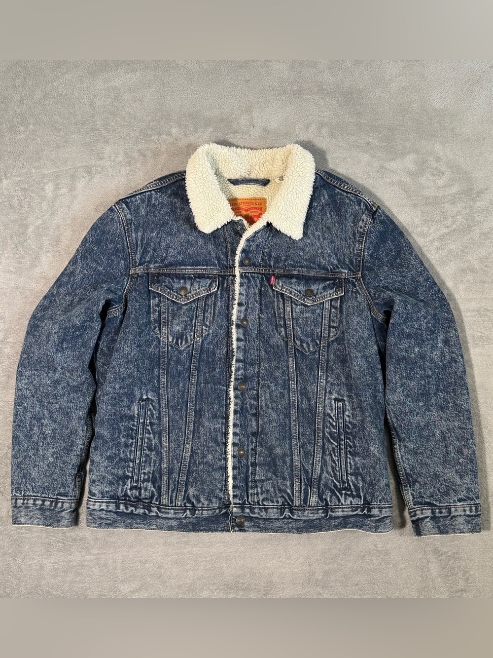 Levis Mens XL Sherpa Trucker Jacket Blue Acid Wash Denim Fleece Lined Jean Faux